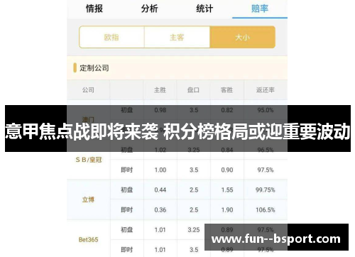意甲焦点战即将来袭 积分榜格局或迎重要波动